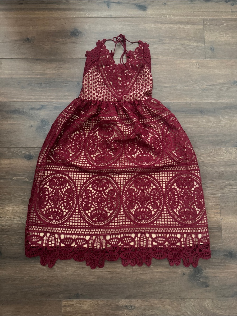 Two Sisters The Label Burgundy Crochet Lace Halter Midi Dress Lace Up Back XS